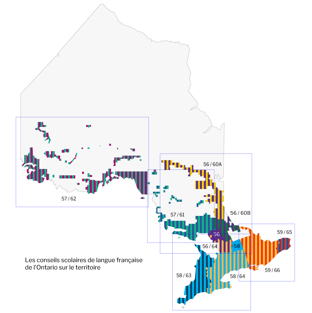 Sur une carte de la province de l’Ontario, on peut voir les régions couvertes par chacun des conseils scolaires auxquelles on réfère par un numéro dans la légende. Le Consortium Centre Jules-Léger offre des services à toute la province.
